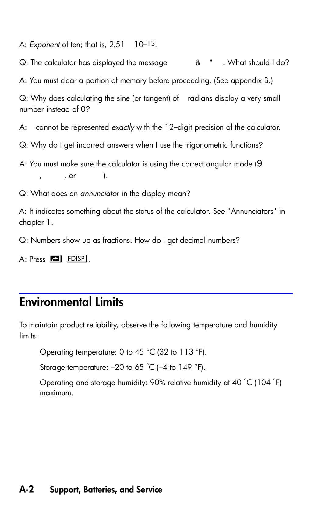 HP 35s Scientific manual Environmental Limits, 2Support, Batteries, and Service 