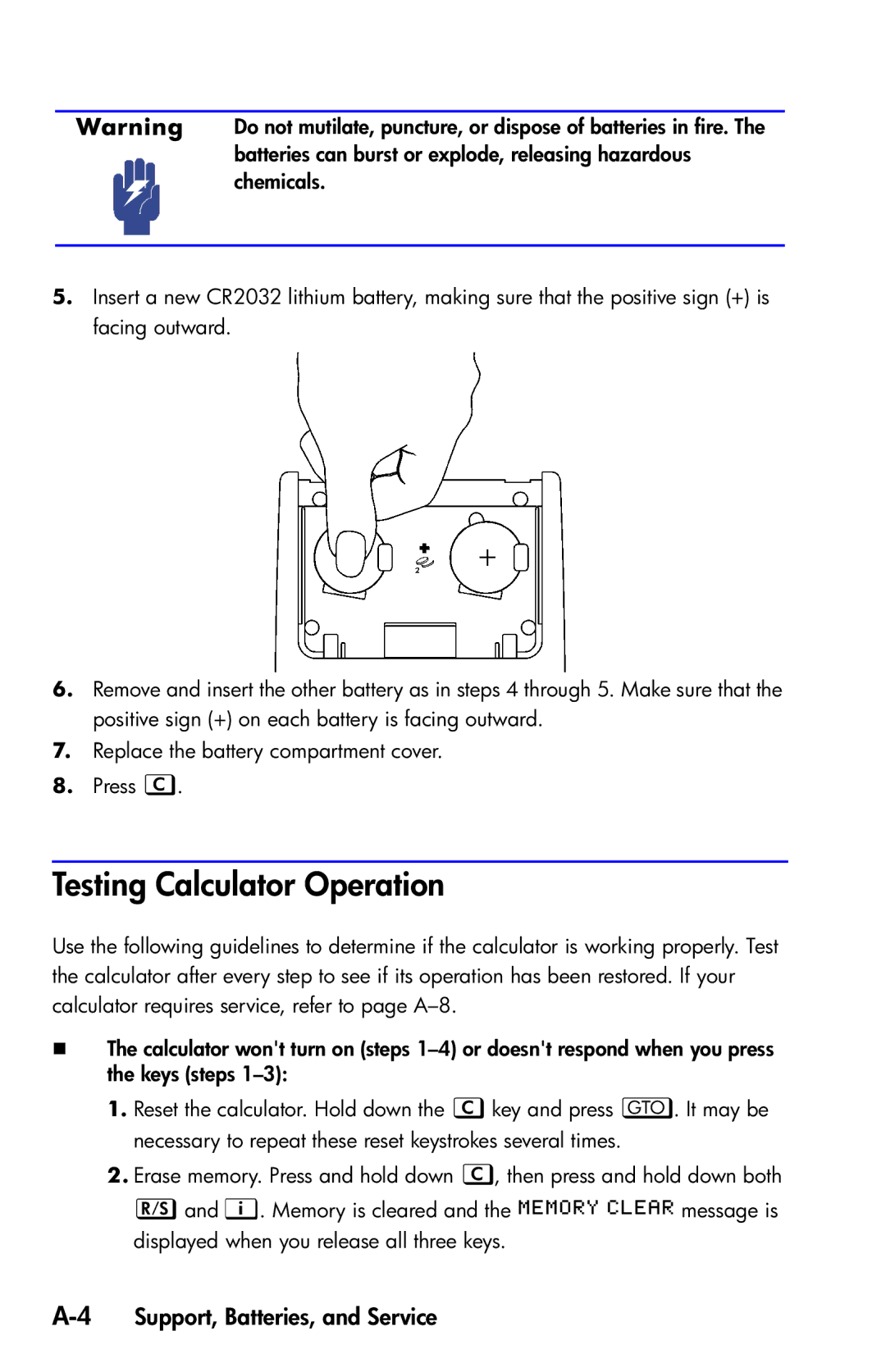 HP 35s Scientific manual Testing Calculator Operation, 4Support, Batteries, and Service 