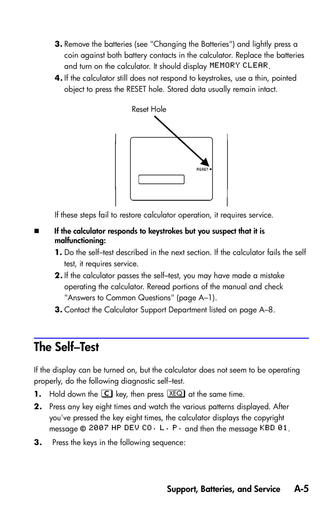 HP 35s Scientific manual Self-Test, Support, Batteries, and Service A-5 