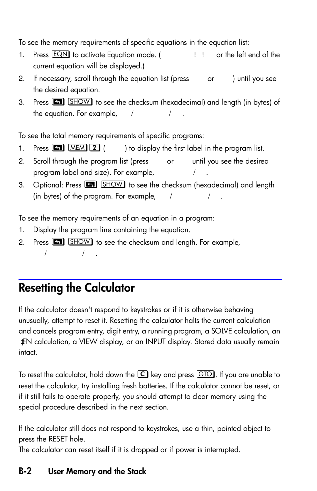 HP 35s Scientific manual Resetting the Calculator, 2User Memory and the Stack 