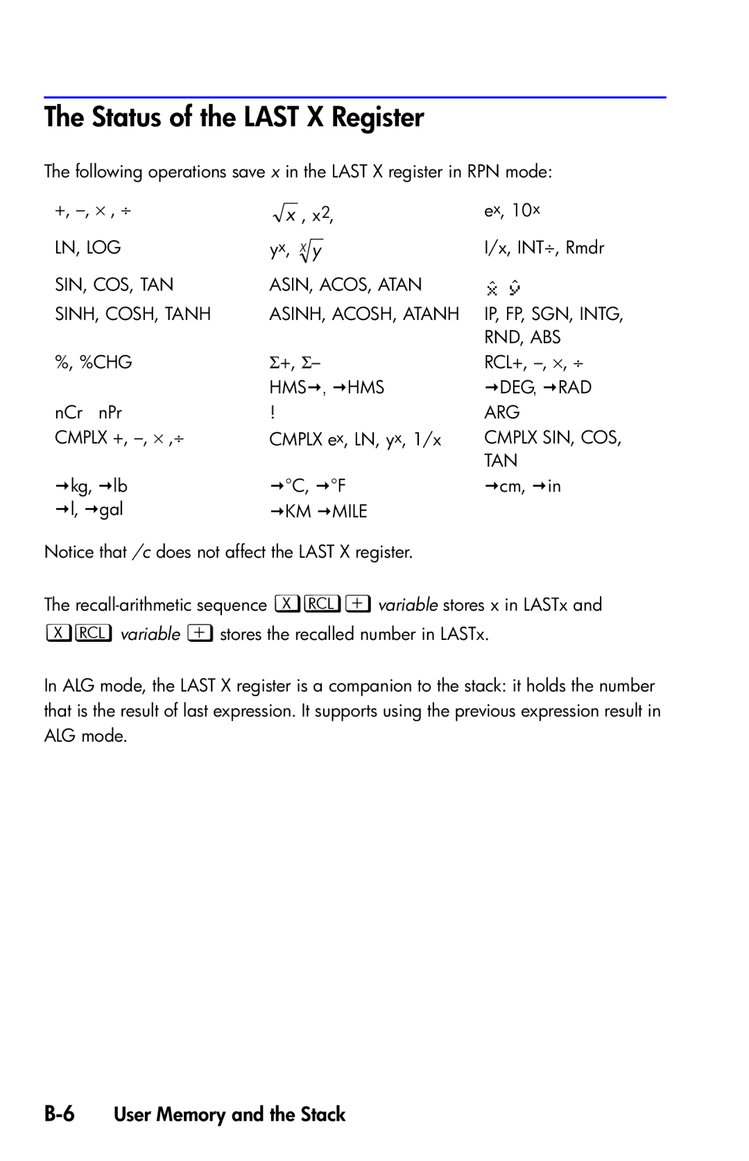 HP 35s Scientific manual Status of the Last X Register, ˆ ˆ, 6User Memory and the Stack 