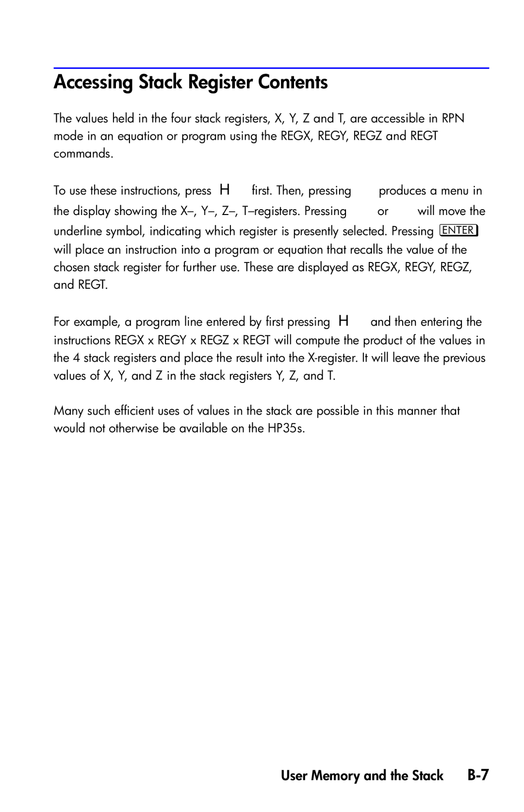 HP 35s Scientific manual Accessing Stack Register Contents 