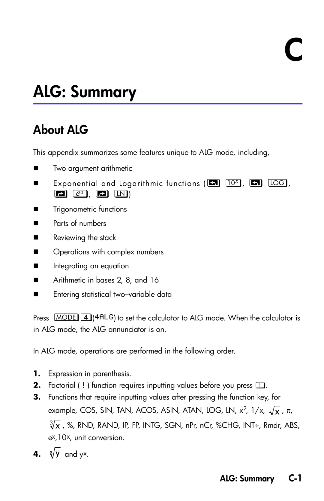 HP 35s Scientific manual About ALG, ,, ALG Summary C-1 