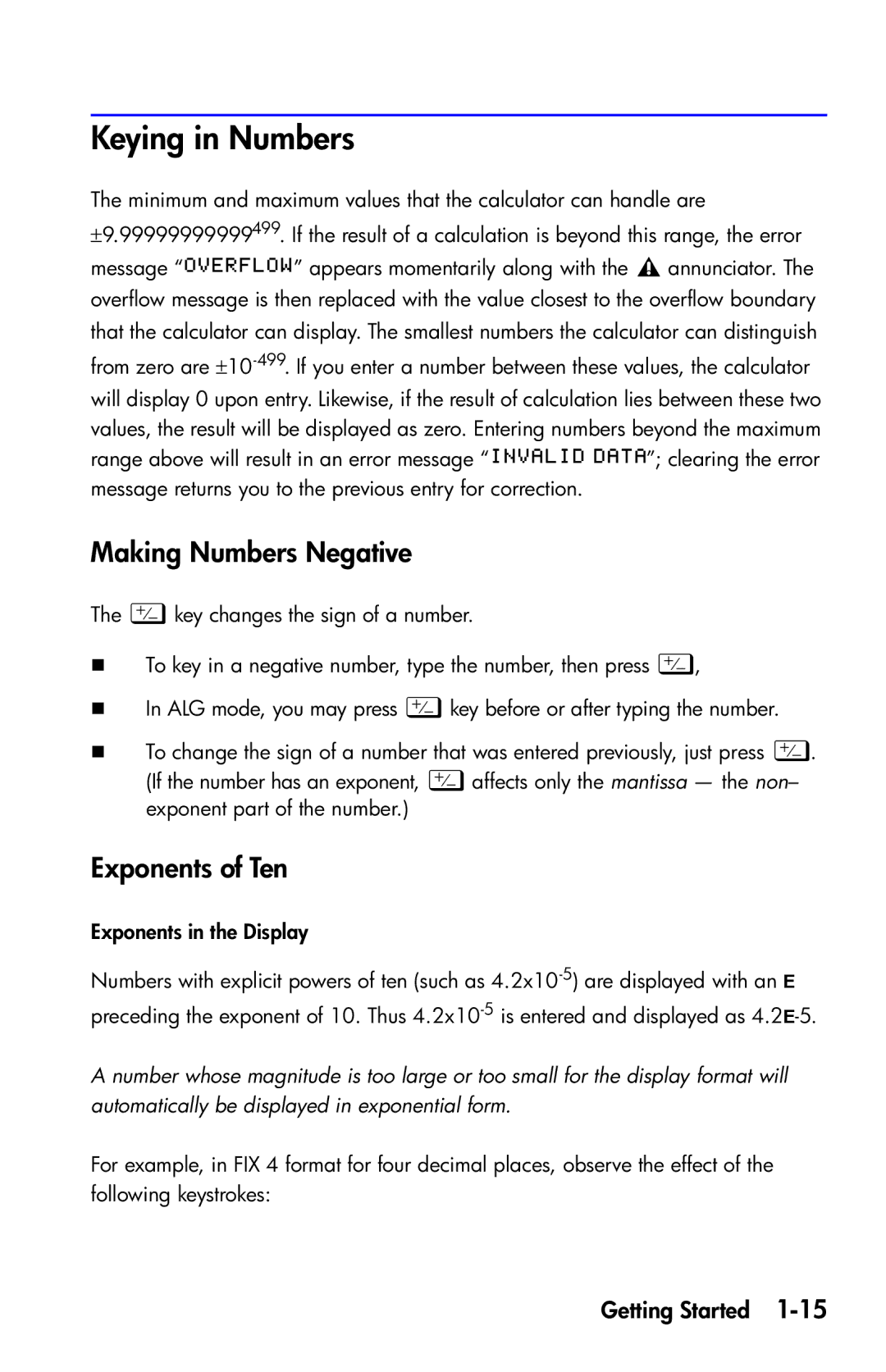 HP 35s Scientific manual Keying in Numbers, Making Numbers Negative, Exponents of Ten 