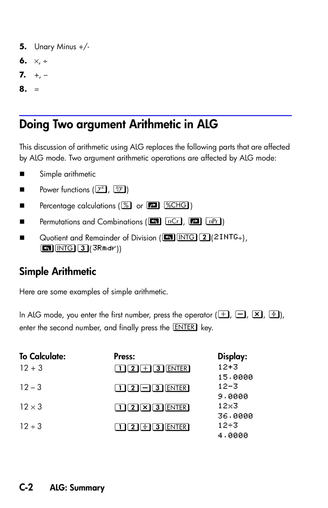 HP 35s Scientific manual Doing Two argument Arithmetic in ALG, Simple Arithmetic 