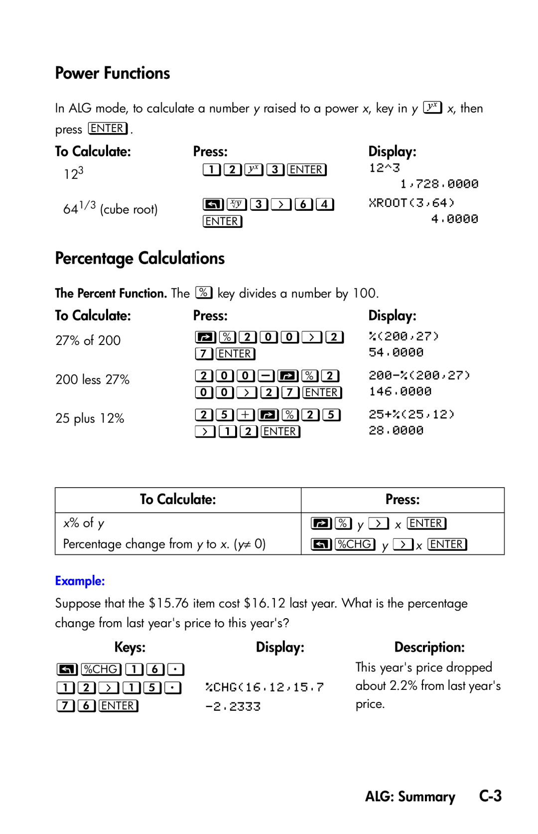 HP 35s Scientific manual Power Functions, Percentage Calculations 