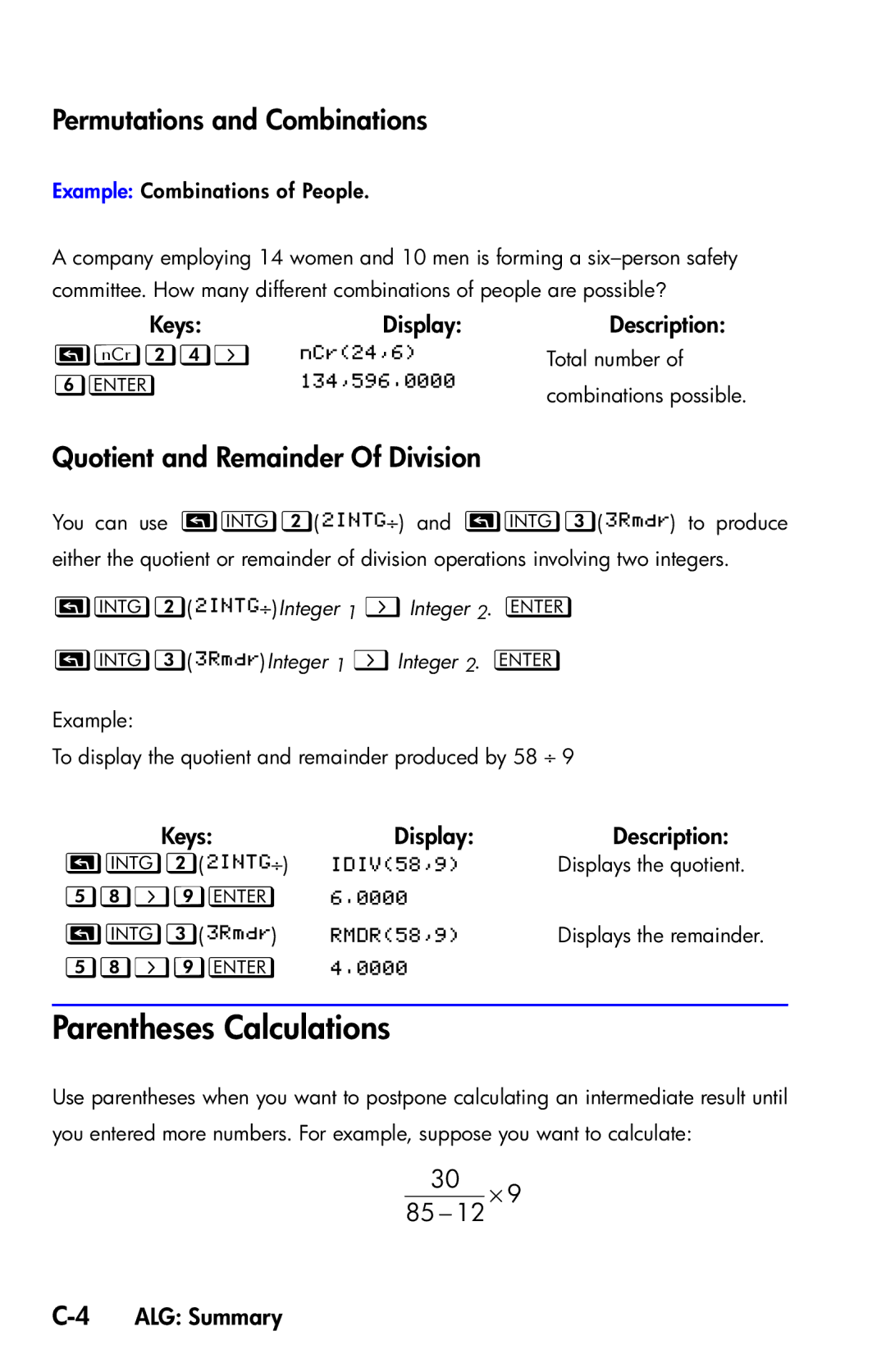 HP 35s Scientific manual Parentheses Calculations, Permutations and Combinations, Quotient and Remainder Of Division, xÕ 