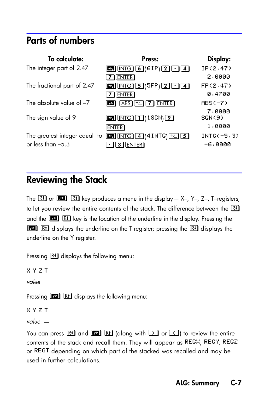 HP 35s Scientific manual Reviewing the Stack, ALG Summary C-7 