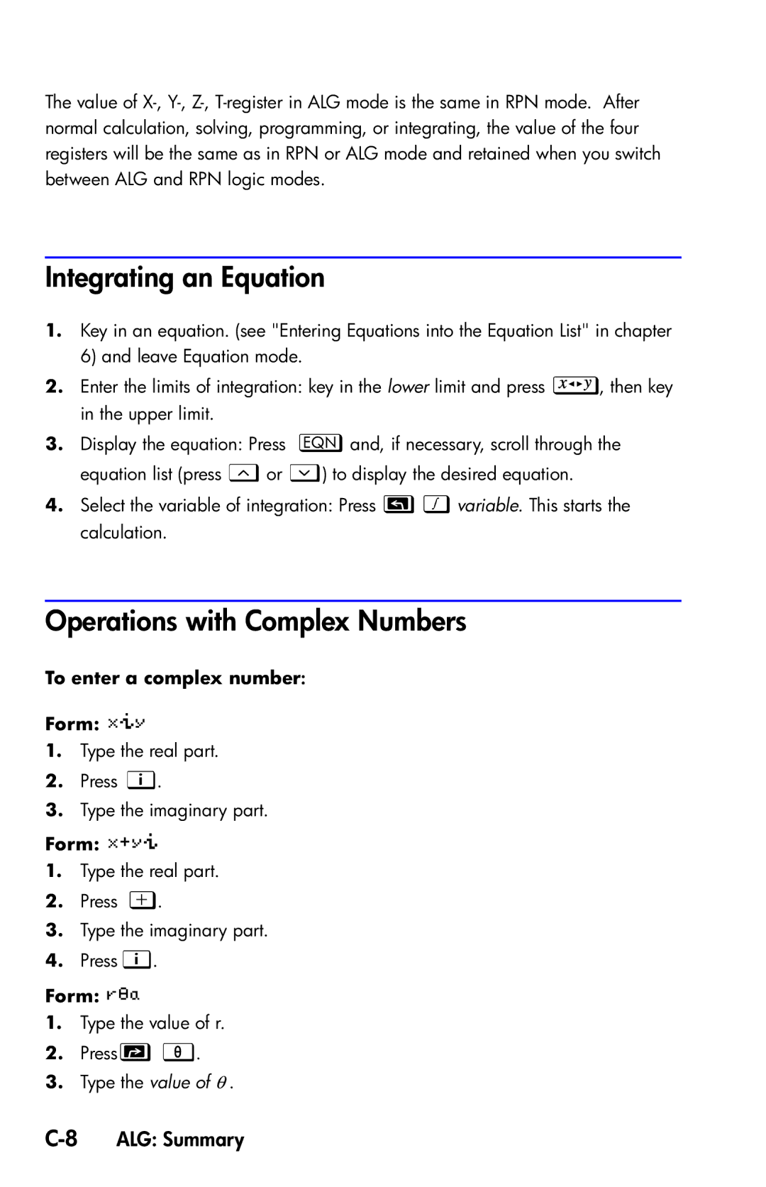 HP 35s Scientific manual Integrating an Equation, Operations with Complex Numbers, 8ALG Summary 