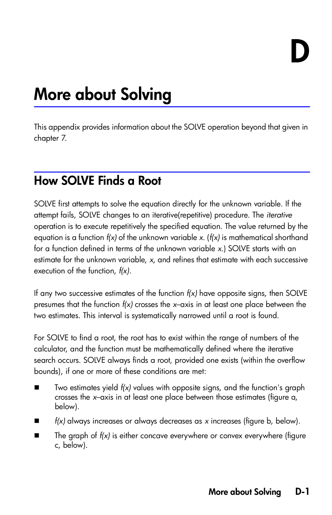 HP 35s Scientific manual How Solve Finds a Root, More about Solving D-1 