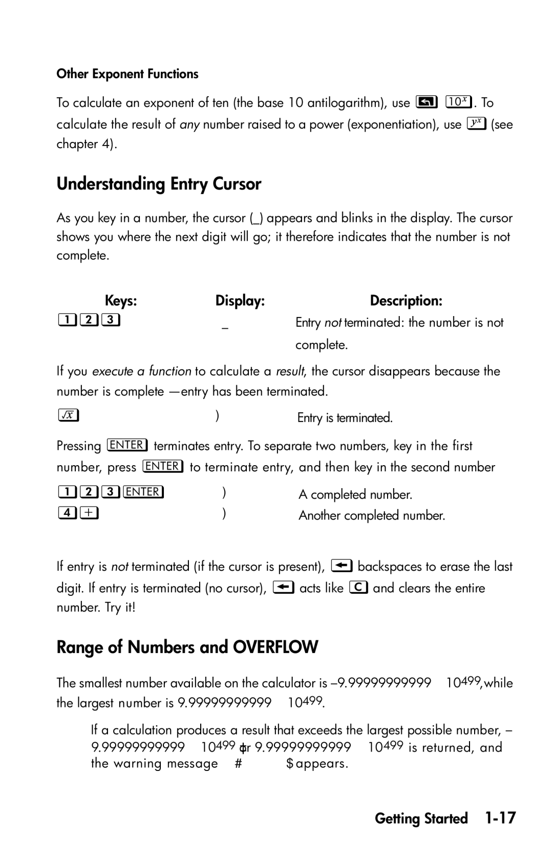 HP 35s Scientific manual Understanding Entry Cursor, Range of Numbers and Overflow,  