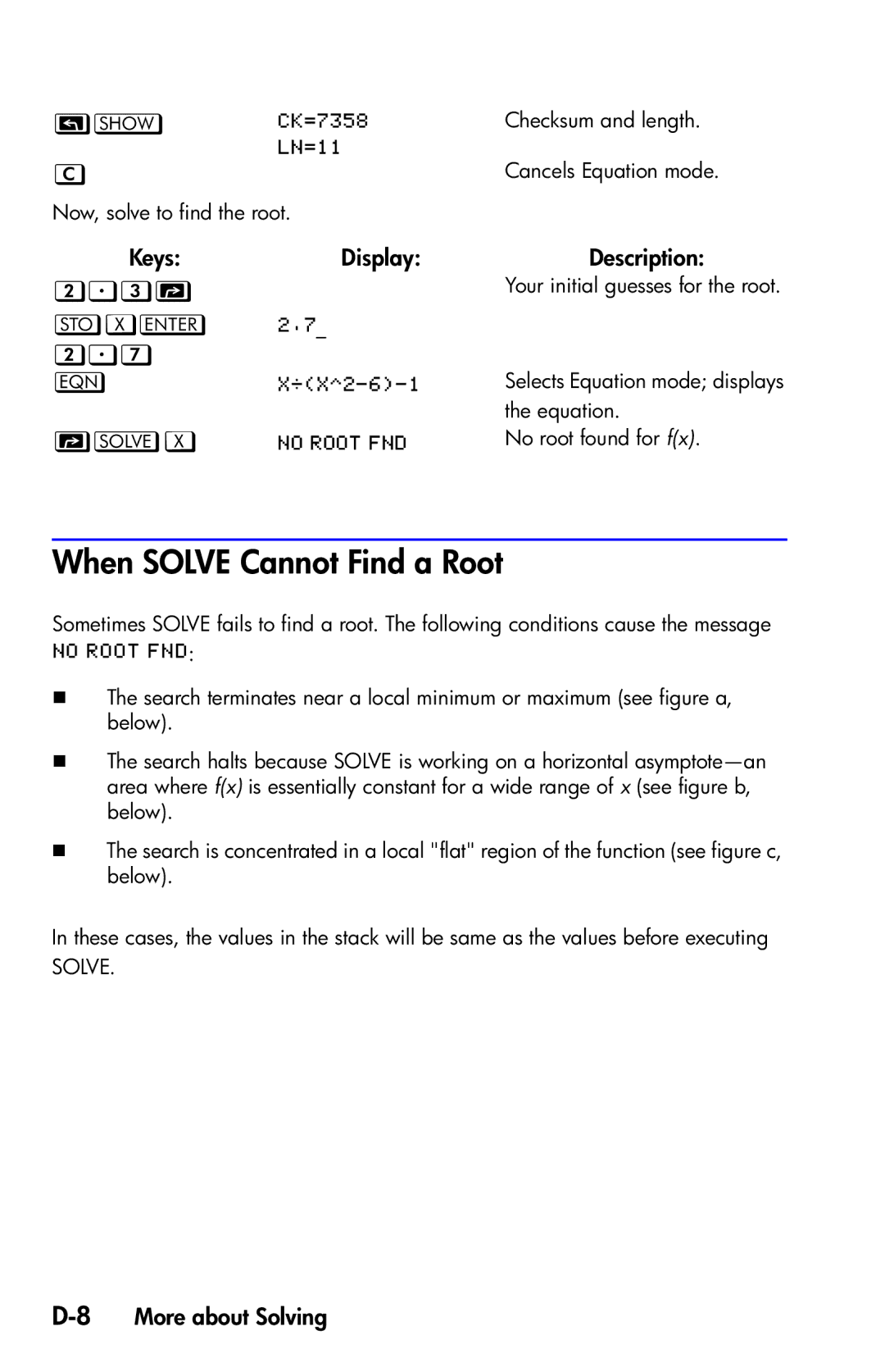 HP 35s Scientific manual When Solve Cannot Find a Root,  X  , 8More about Solving 