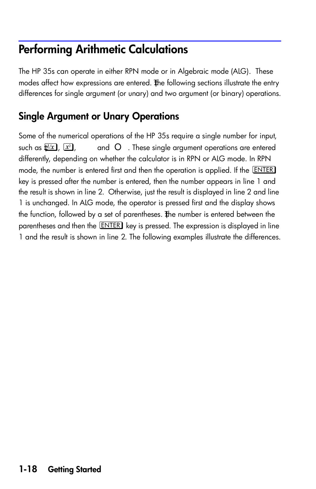 HP 35s Scientific manual Performing Arithmetic Calculations, Single Argument or Unary Operations, 18Getting Started 