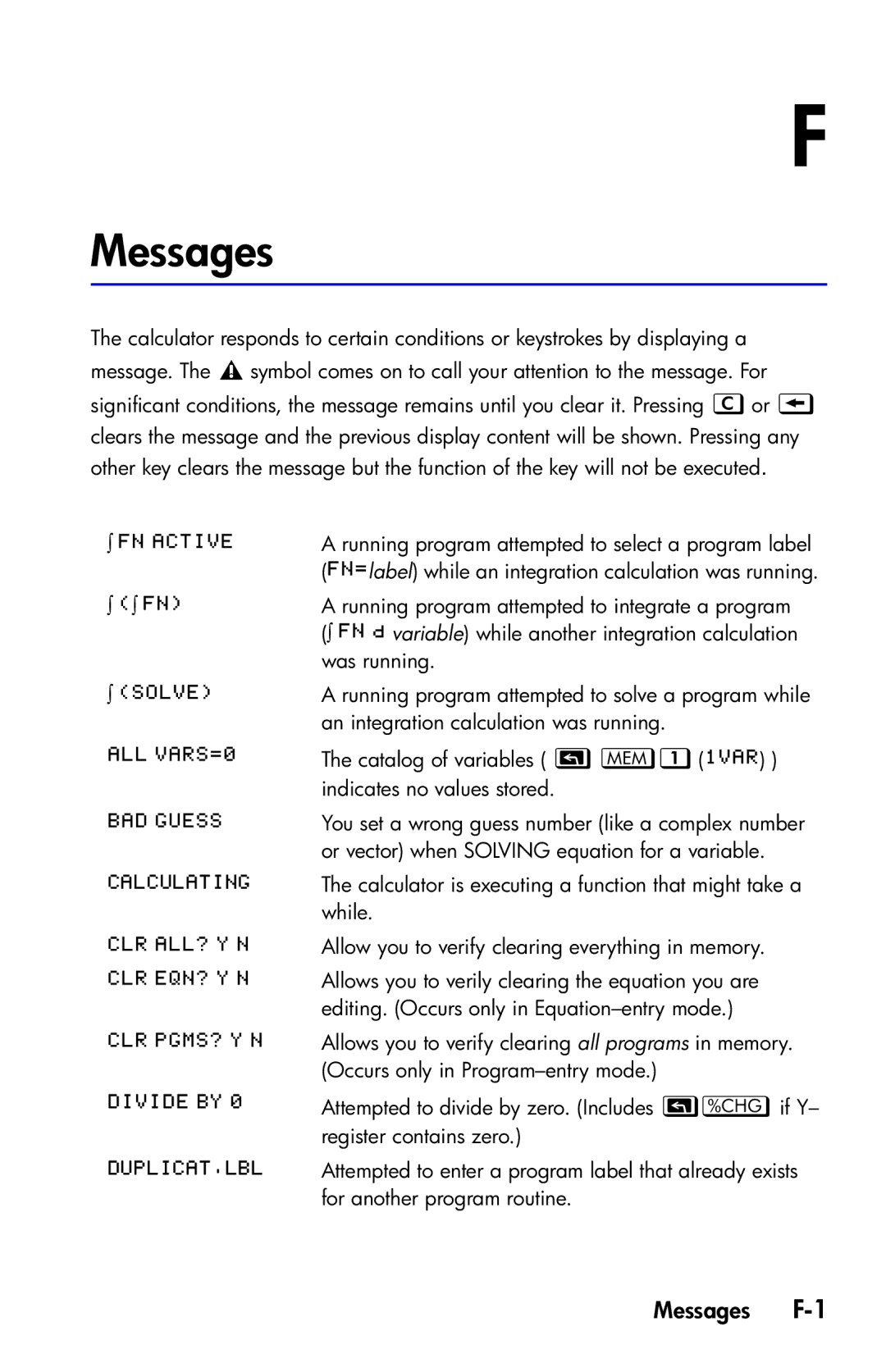 HP 35s Scientific manual Messages F-1 