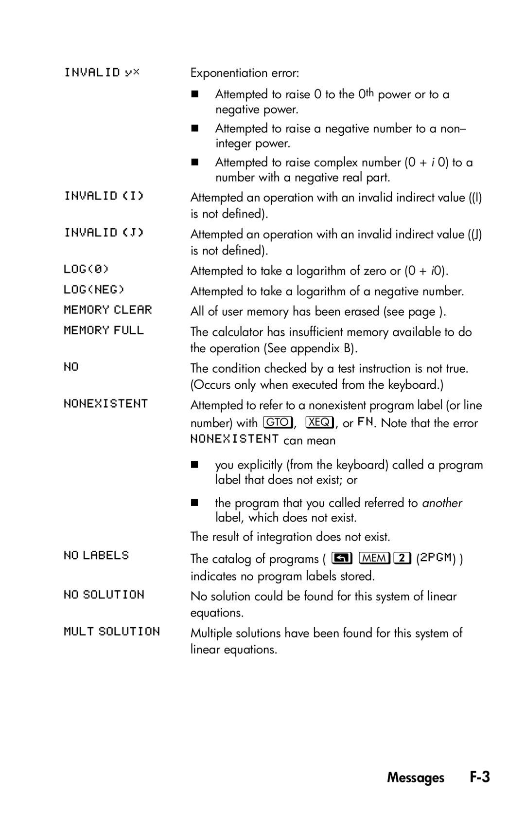 HP 35s Scientific manual Messages F-3 