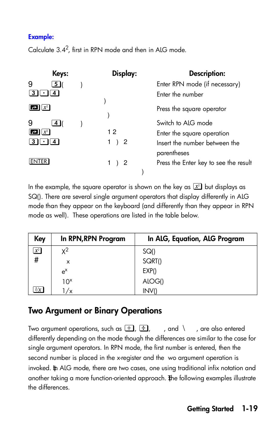 HP 35s Scientific manual Two Argument or Binary Operations, , Key RPN,RPN Program ALG, Equation, ALG Program 