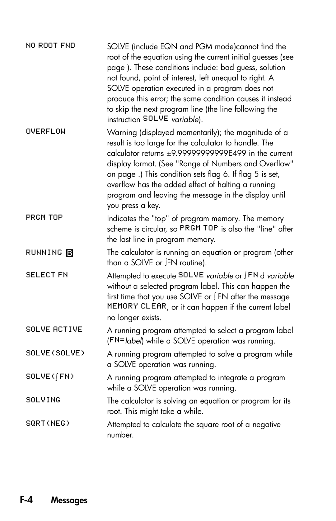 HP 35s Scientific manual 4Messages,    Solve include EQN and PGM modecannot find 