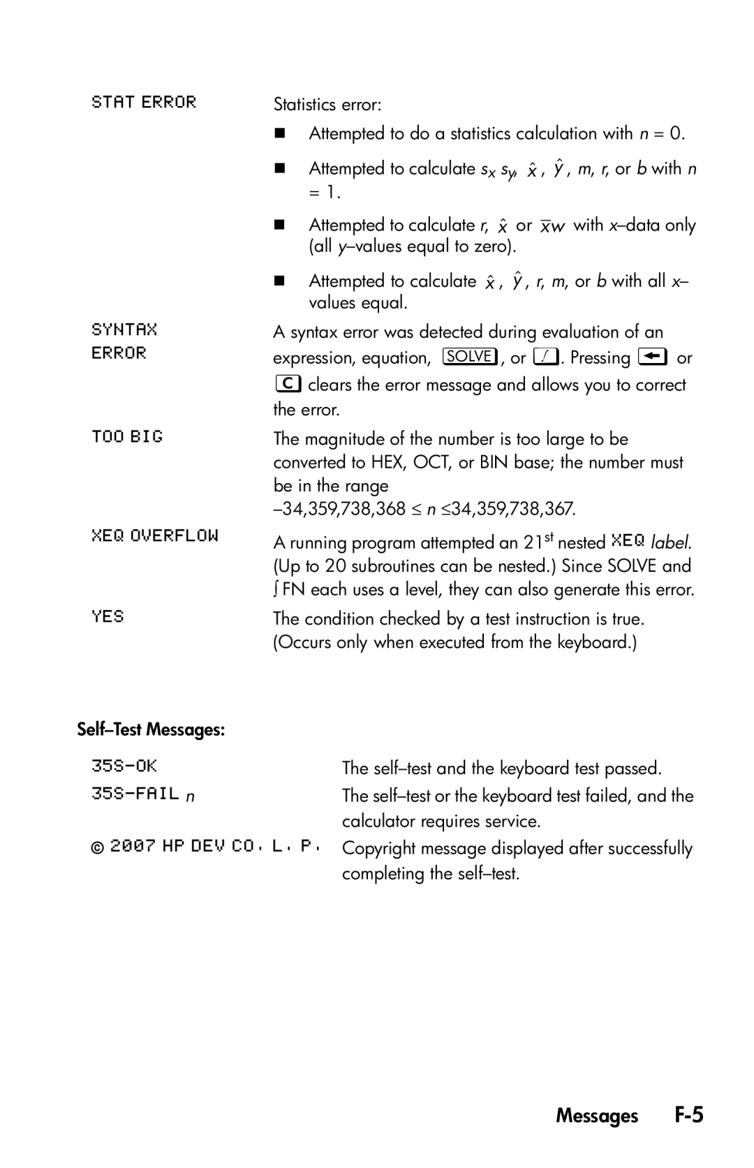 HP 35s Scientific manual Messages F-5, FN each uses a level, they can also generate this error 