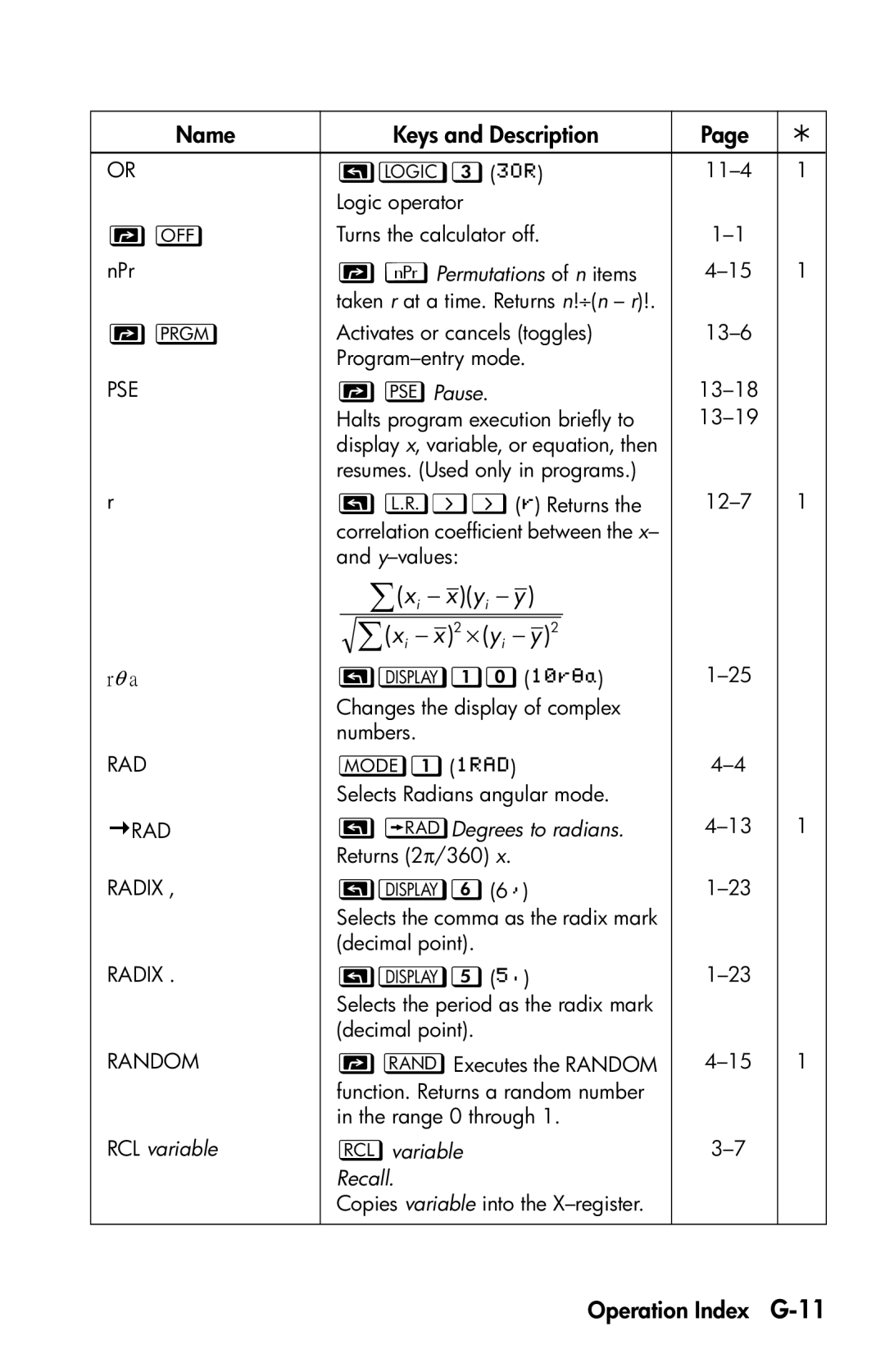 HP 35s Scientific Operation Index G-11, RCL variable,  Pause, Degrees to radians. Returns 2π/360,  variable Recall 