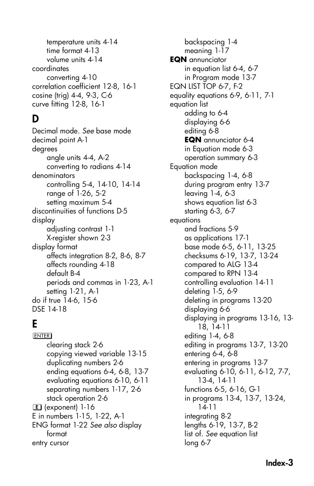 HP 35s Scientific manual Index-3, EQN List TOP 6-7, F-2 