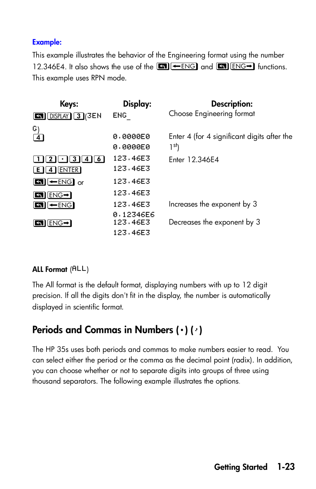 HP 35s Scientific manual Periods and Commas in Numbers  , KeysDisplay 