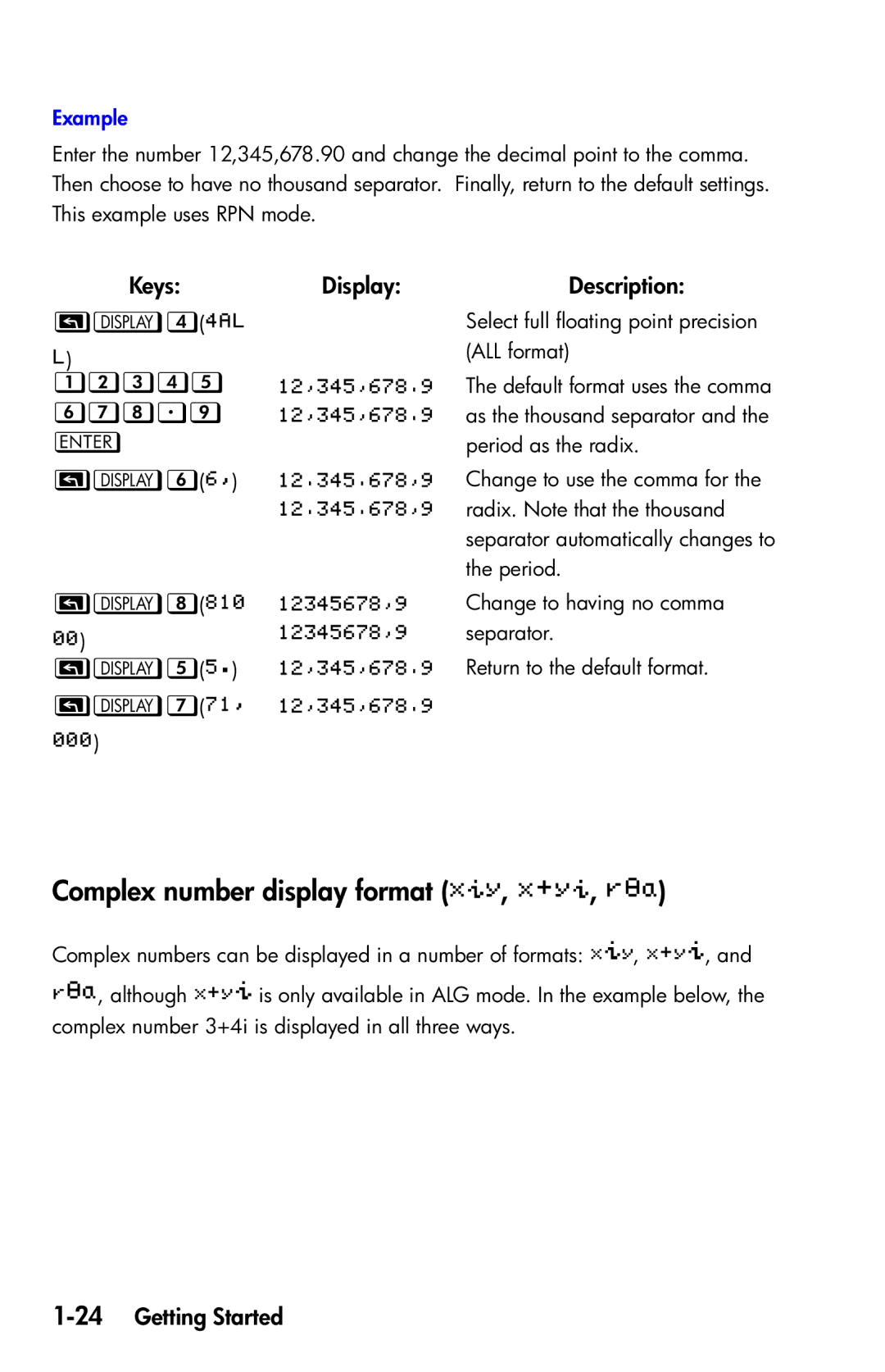 HP 35s Scientific manual Complex number display format  ,  , , 8, 8, 24Getting Started 