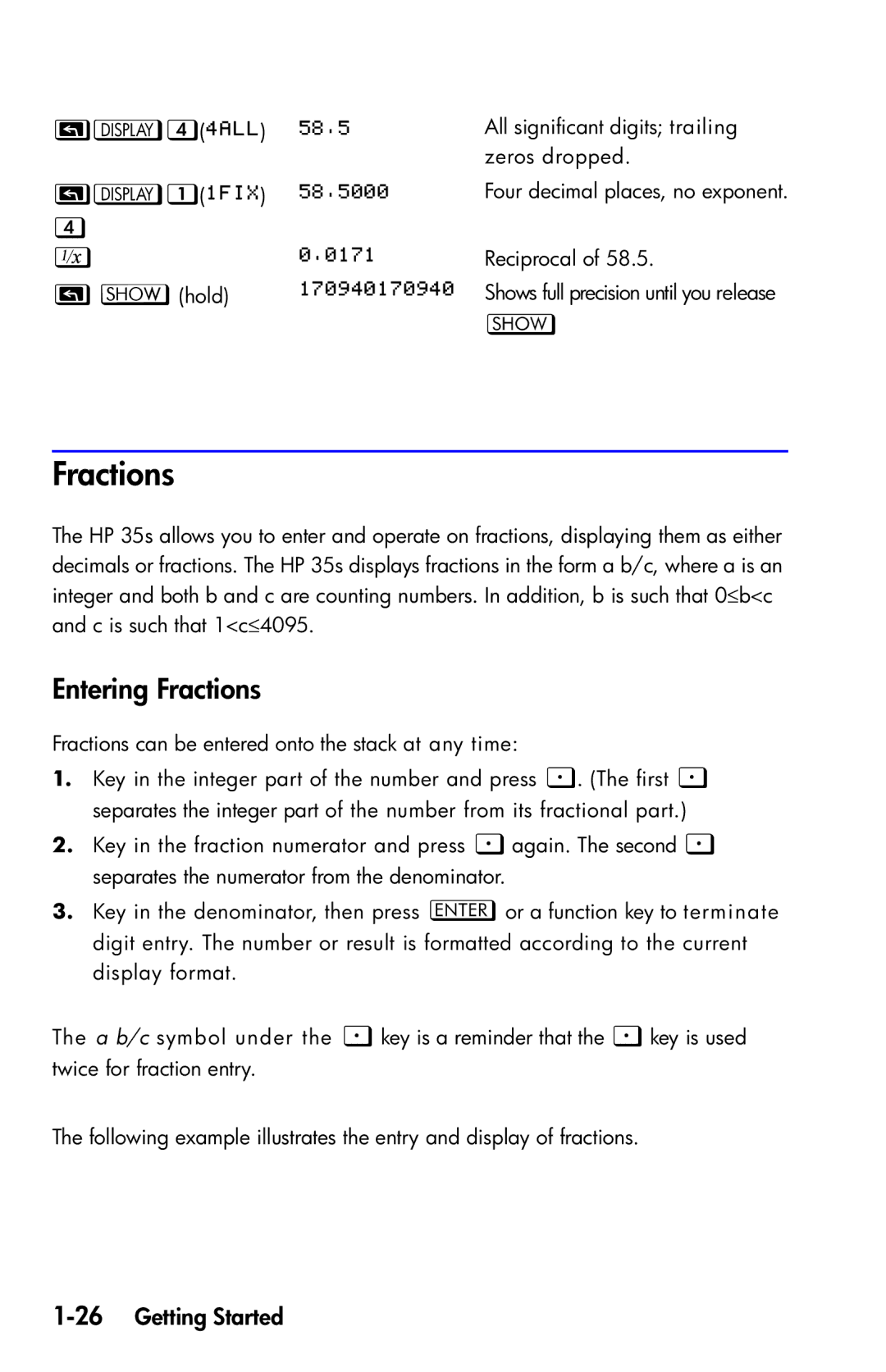 HP 35s Scientific manual Entering Fractions, 26Getting Started 