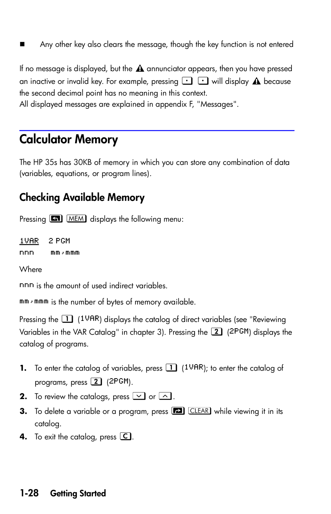 HP 35s Scientific manual Calculator Memory, Checking Available Memory, 28Getting Started 