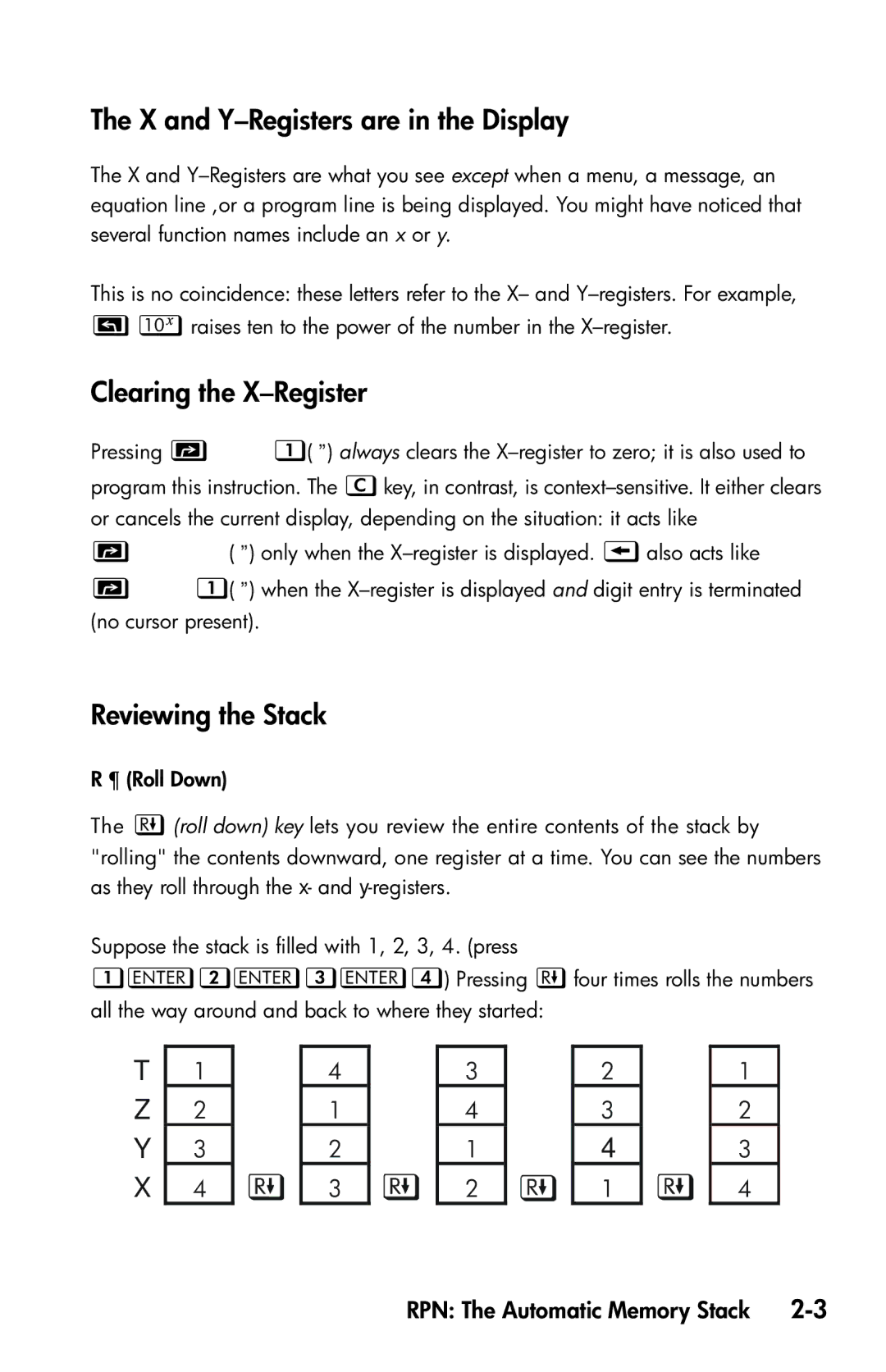 HP 35s Scientific manual X and Y-Registers are in the Display, Clearing the X-Register, Reviewing the Stack 