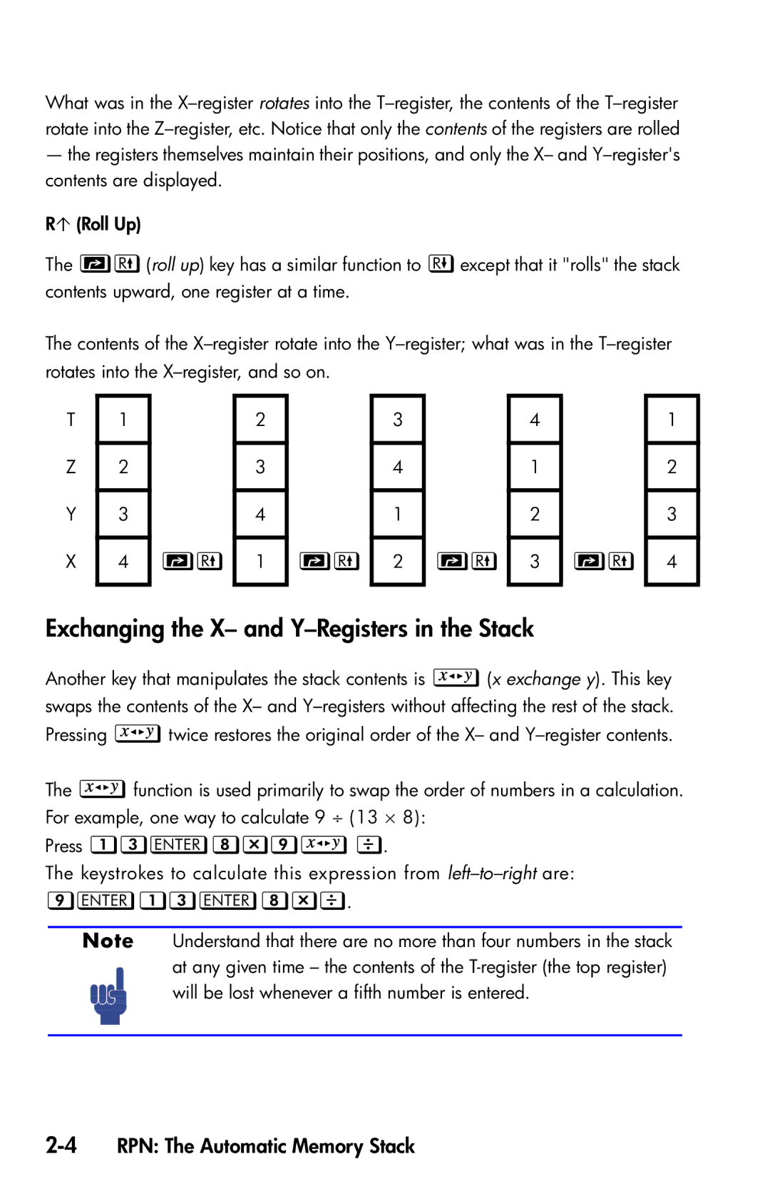 HP 35s Scientific manual Exchanging the X- and Y-Registers in the Stack, Press , 4RPN The Automatic Memory Stack 