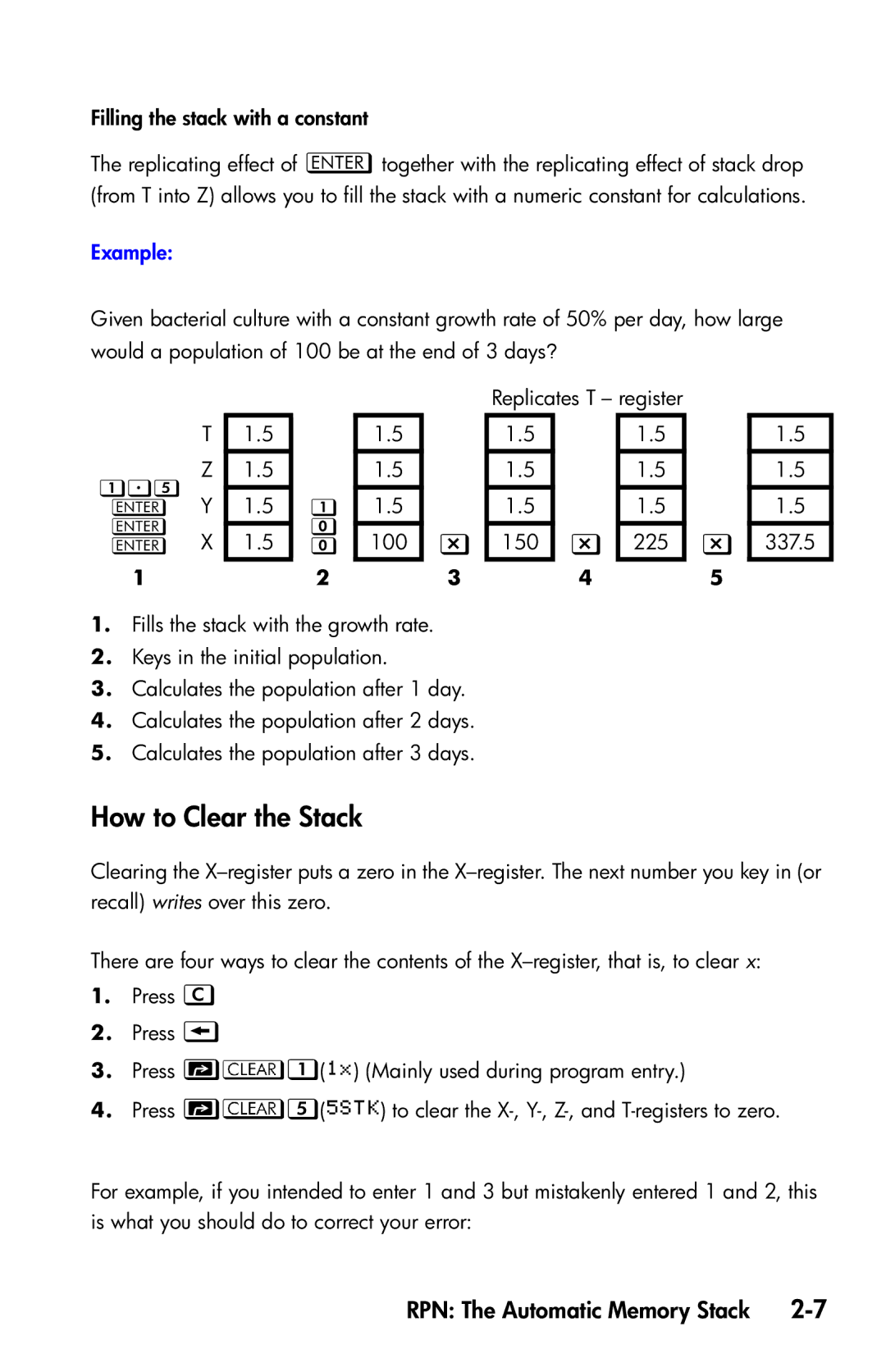 HP 35s Scientific manual How to Clear the Stack, Filling the stack with a constant 