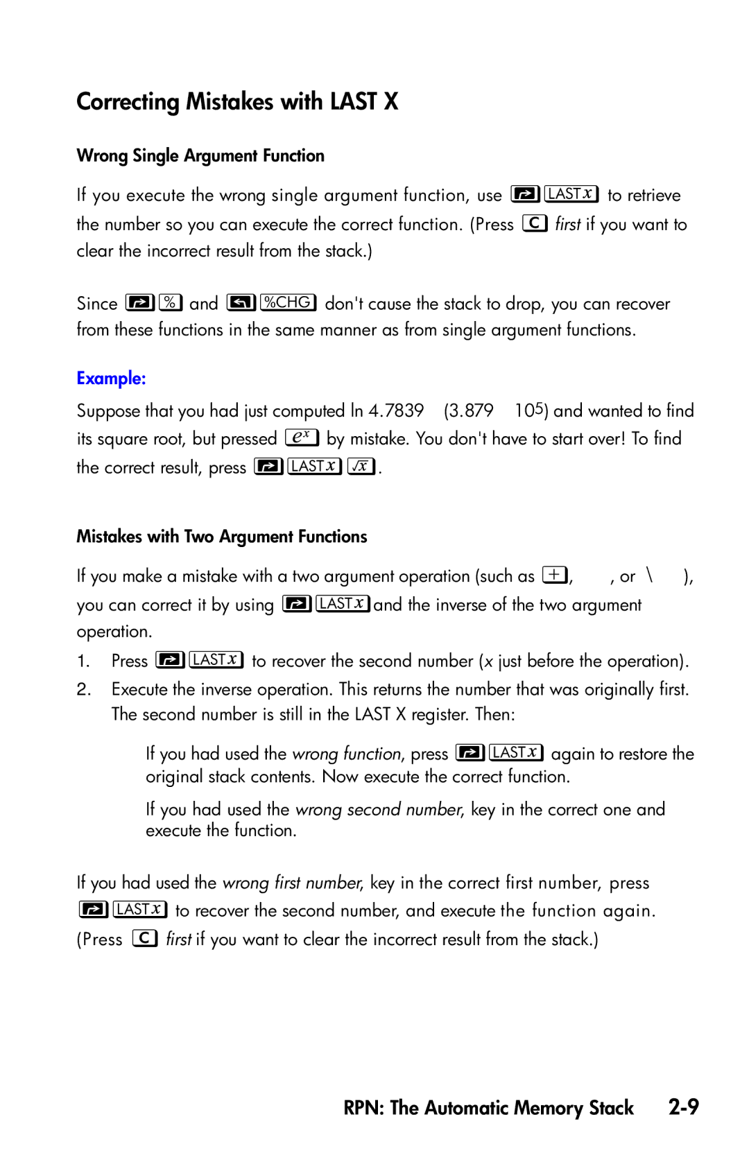 HP 35s Scientific manual Correcting Mistakes with Last 