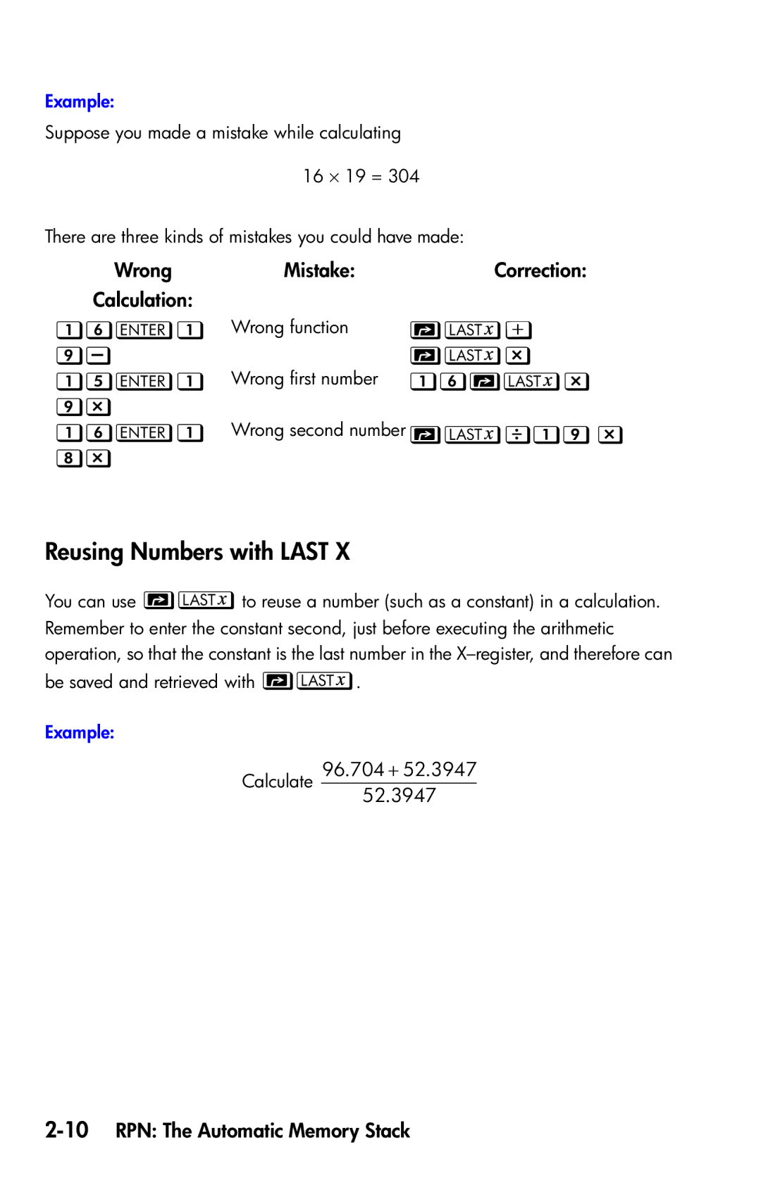 HP 35s Scientific manual Reusing Numbers with Last,  Ù,  