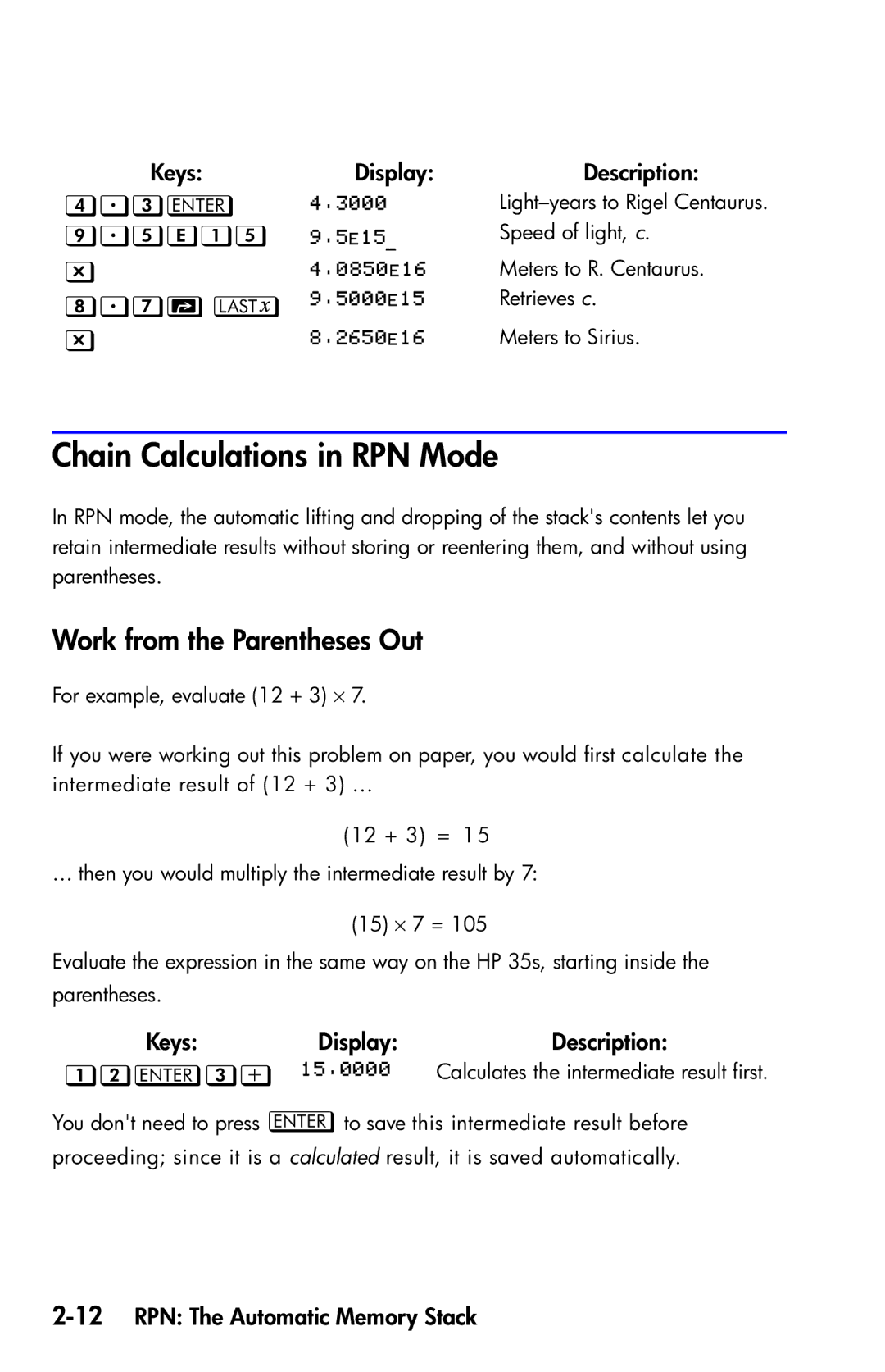 HP 35s Scientific manual Chain Calculations in RPN Mode, Work from the Parentheses Out, , ,  