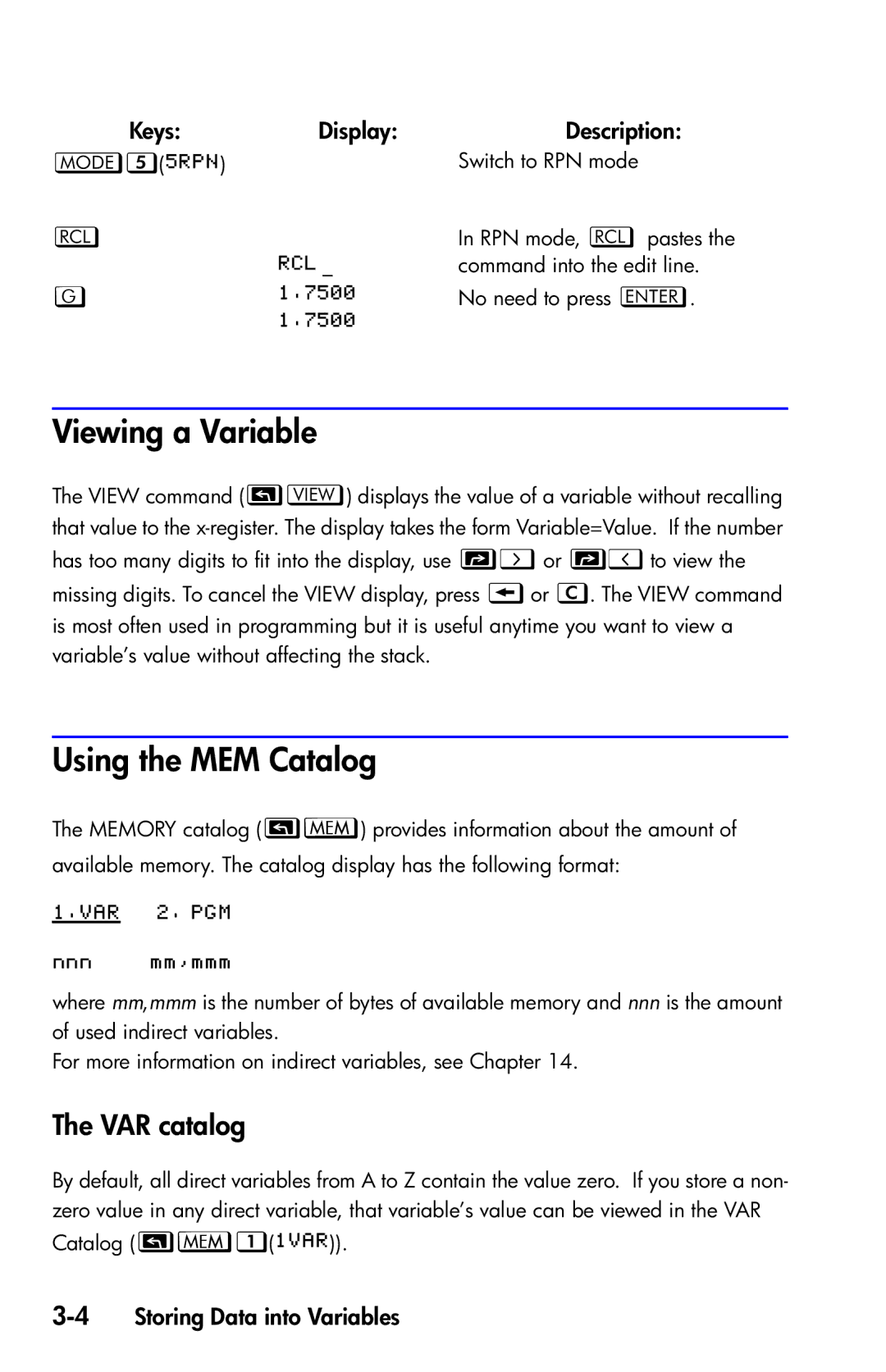 HP 35s Scientific manual Viewing a Variable, Using the MEM Catalog, VAR catalog, 4Storing Data into Variables 