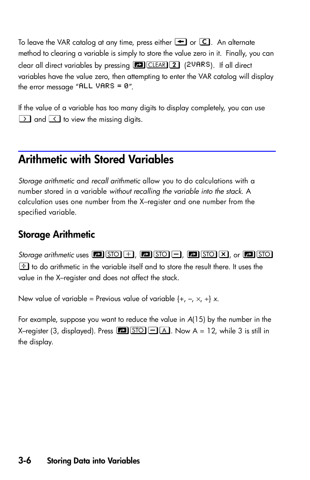 HP 35s Scientific manual Arithmetic with Stored Variables, Storage Arithmetic, 6Storing Data into Variables 