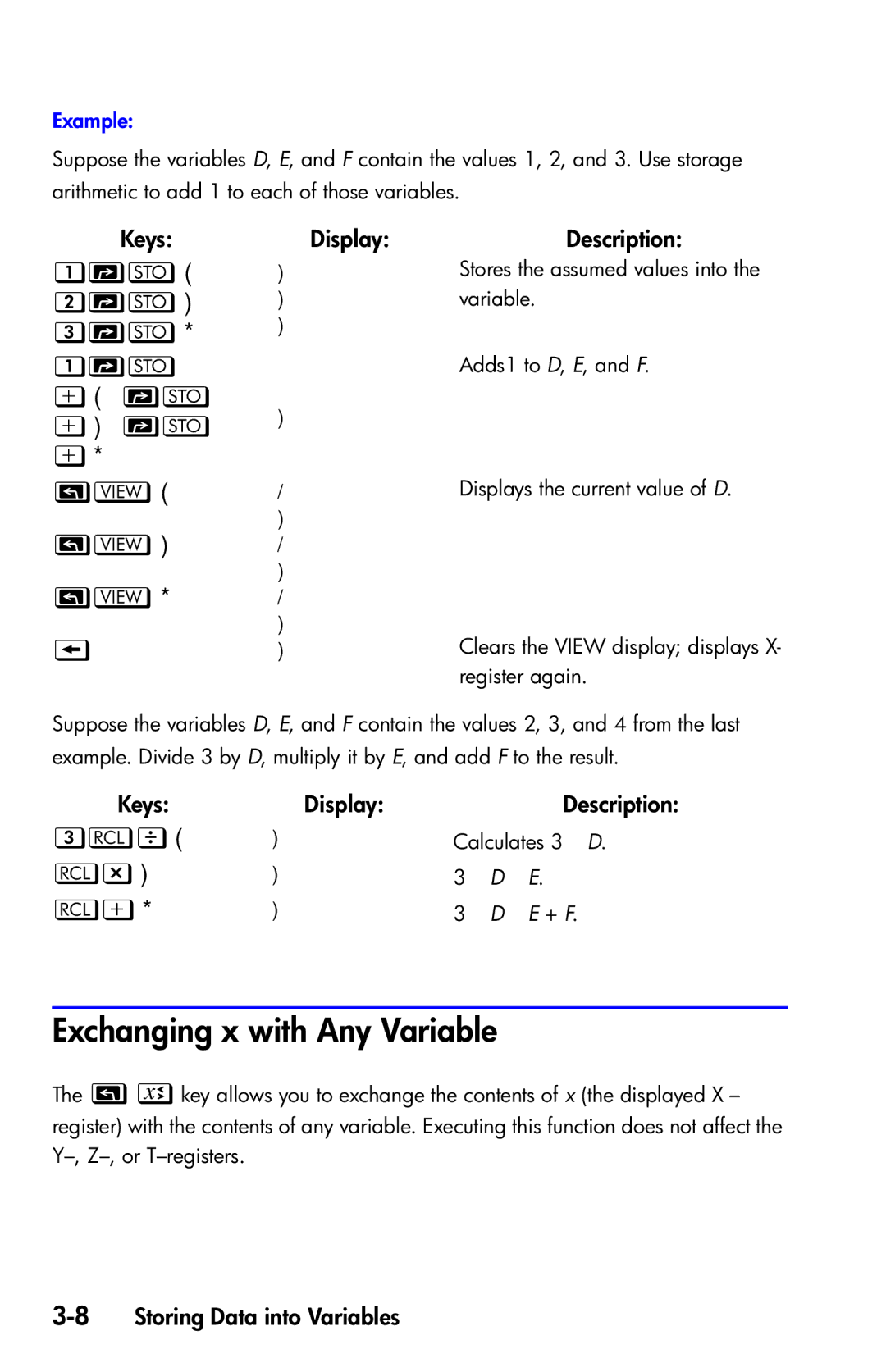 HP 35s Scientific manual Exchanging x with Any Variable,  D, D, E, F 