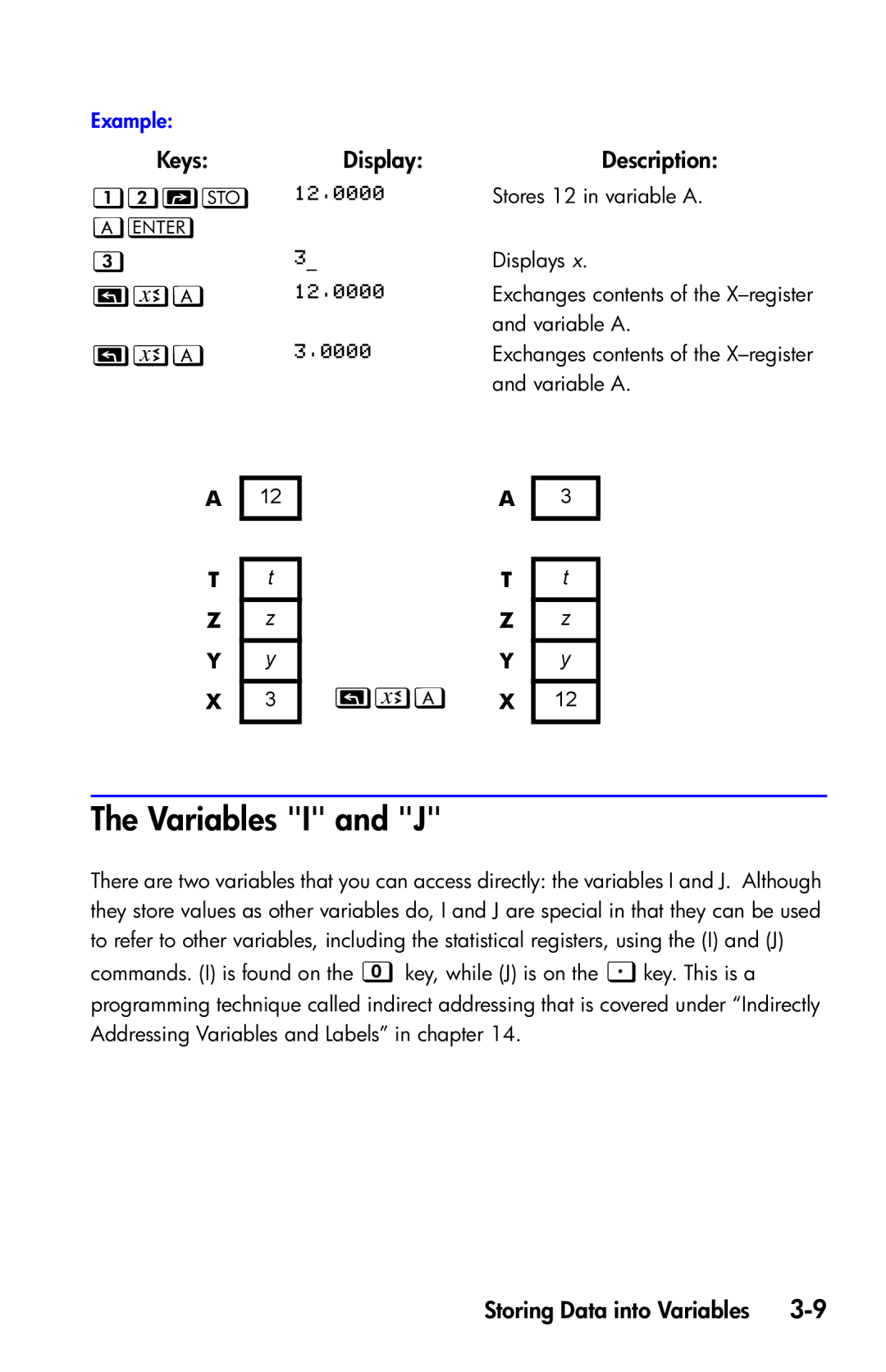 HP 35s Scientific manual Variables I and J, , A 