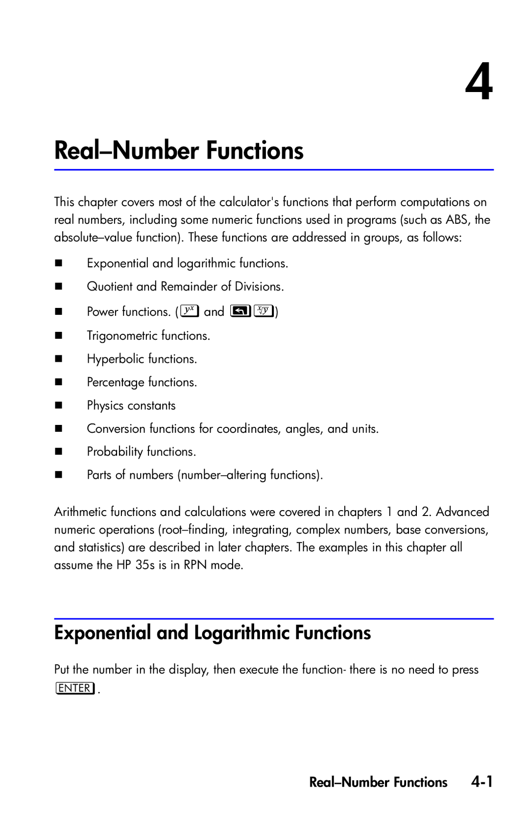 HP 35s Scientific manual Exponential and Logarithmic Functions, Real-Number Functions 