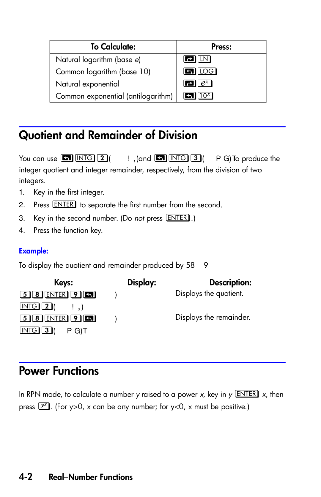 HP 35s Scientific manual Quotient and Remainder of Division, Power Functions,  ,   