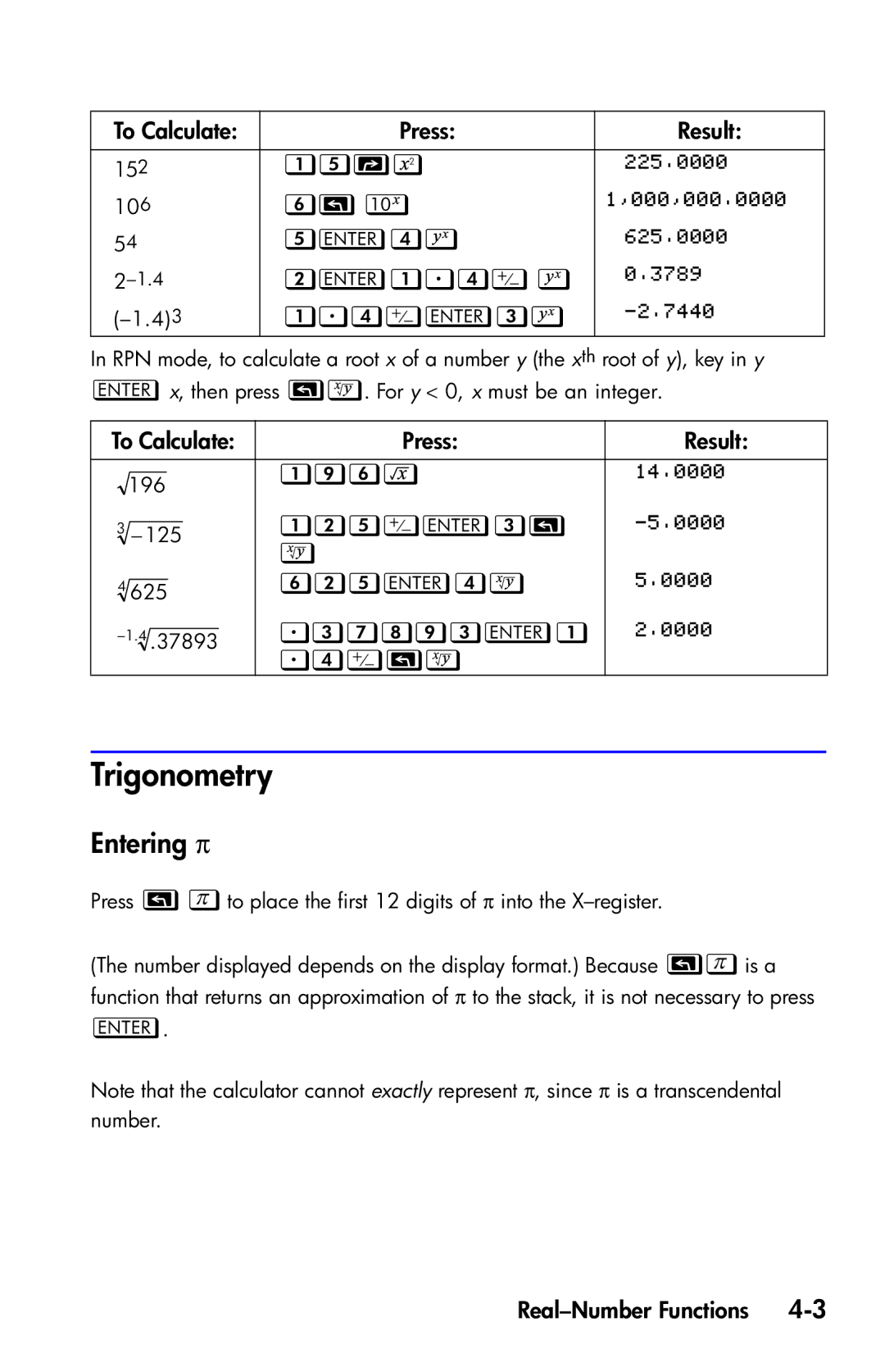 HP 35s Scientific manual Trigonometry, Entering π 