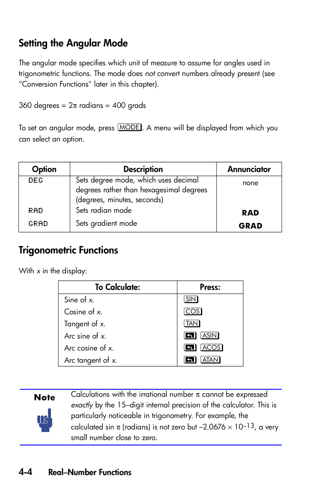 HP 35s Scientific manual Setting the Angular Mode, Trigonometric Functions, Option Description Annunciator 