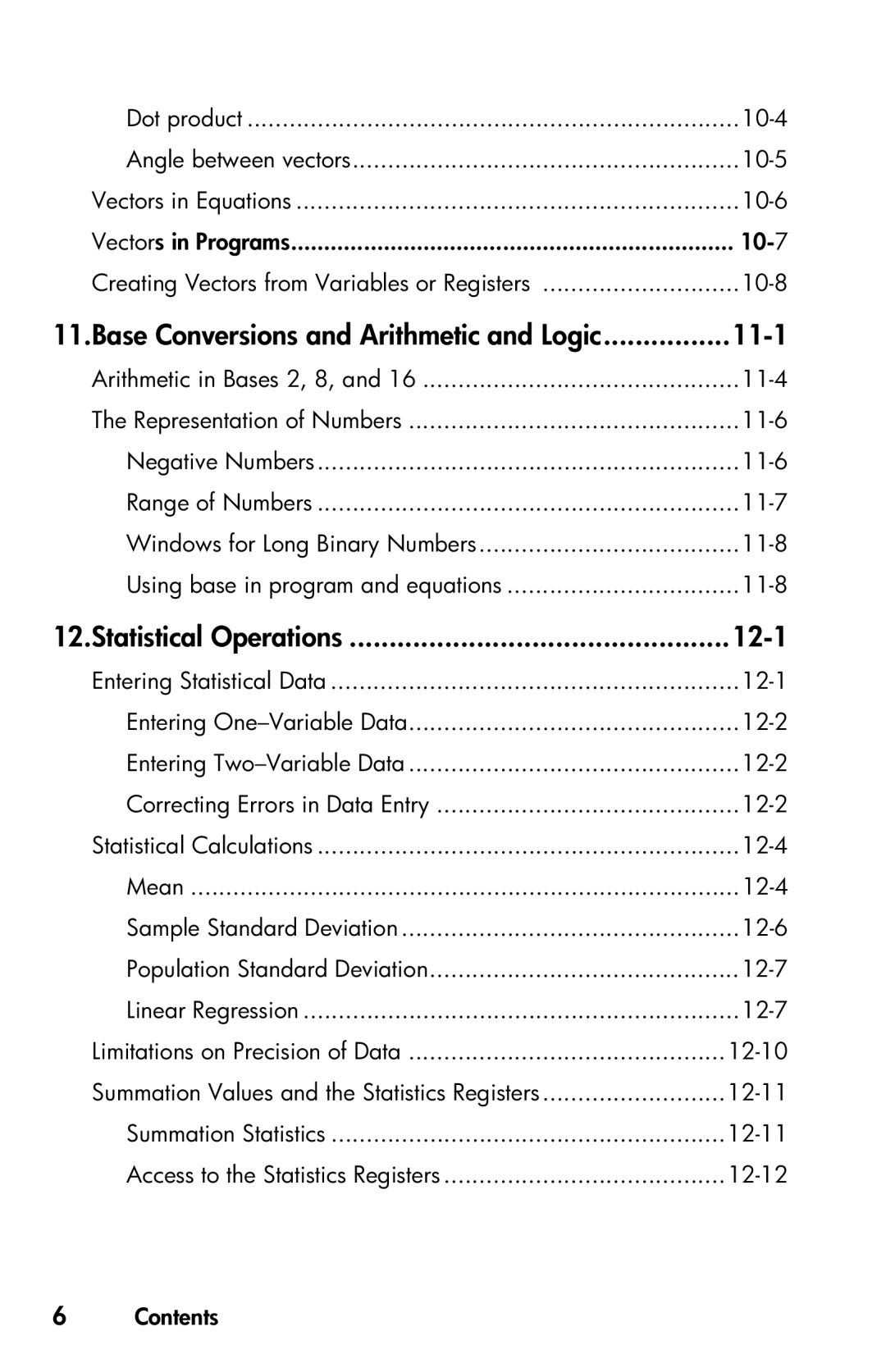 HP 35s Scientific manual Base Conversions and Arithmetic and Logic 11-1, Statistical Operations 12-1, 10-7 