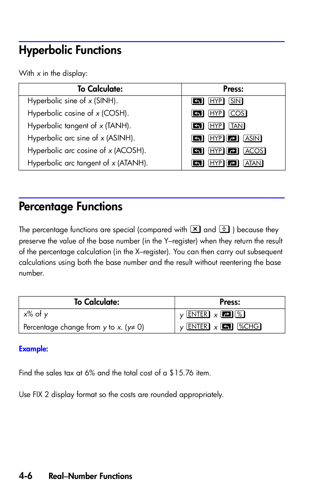 HP 35s Scientific manual Hyperbolic Functions, Percentage Functions 