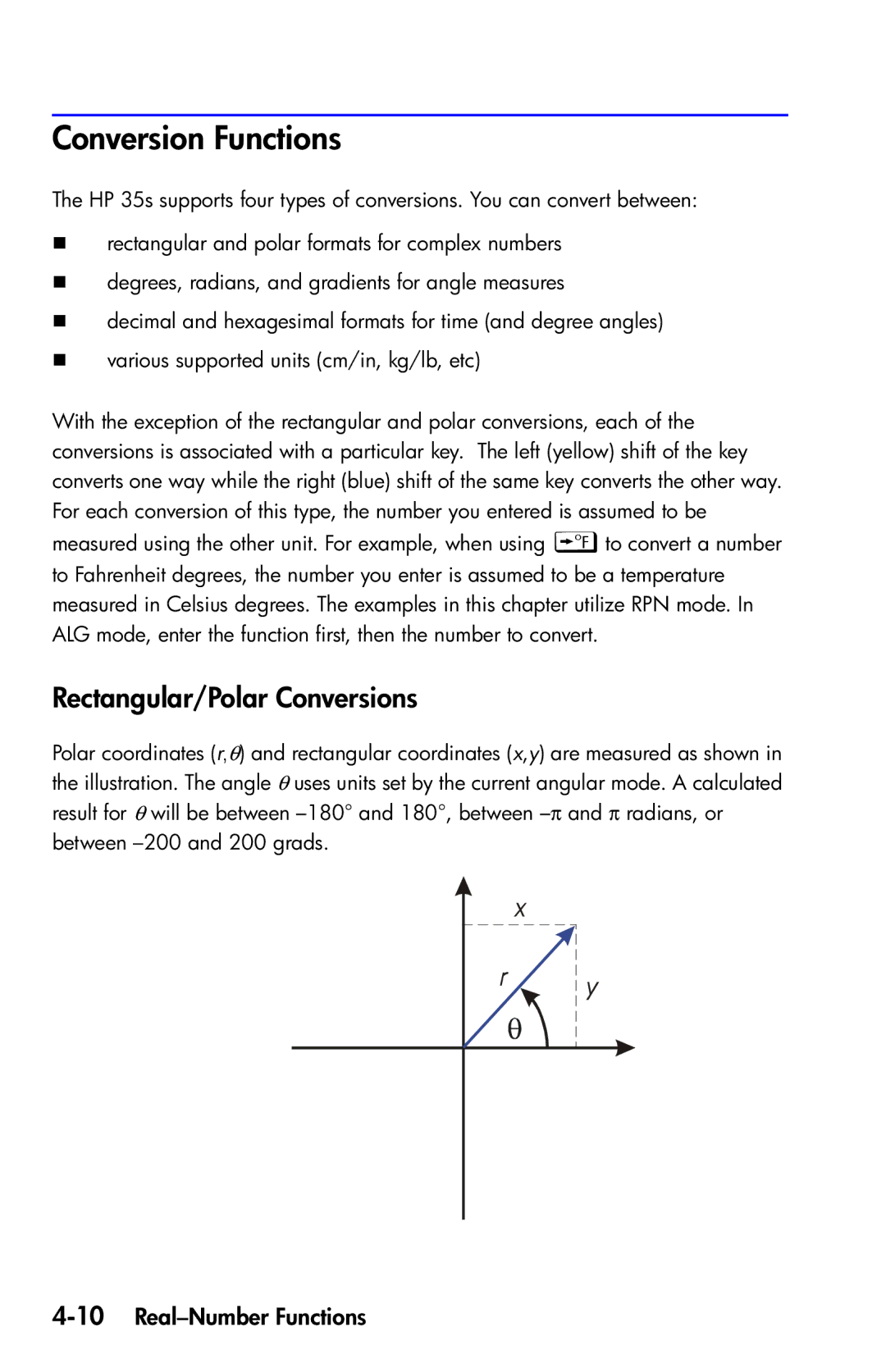 HP 35s Scientific manual Conversion Functions, Rectangular/Polar Conversions, 10Real-Number Functions 