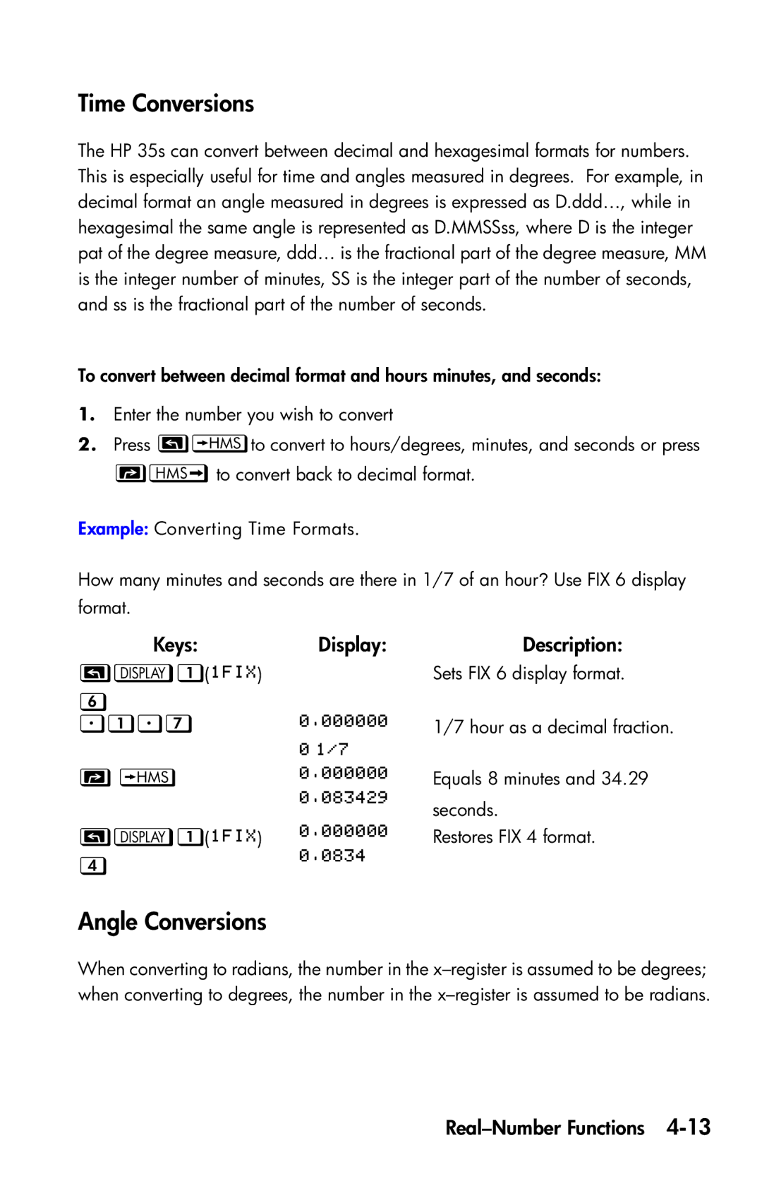 HP 35s Scientific manual Time Conversions, Angle Conversions,  