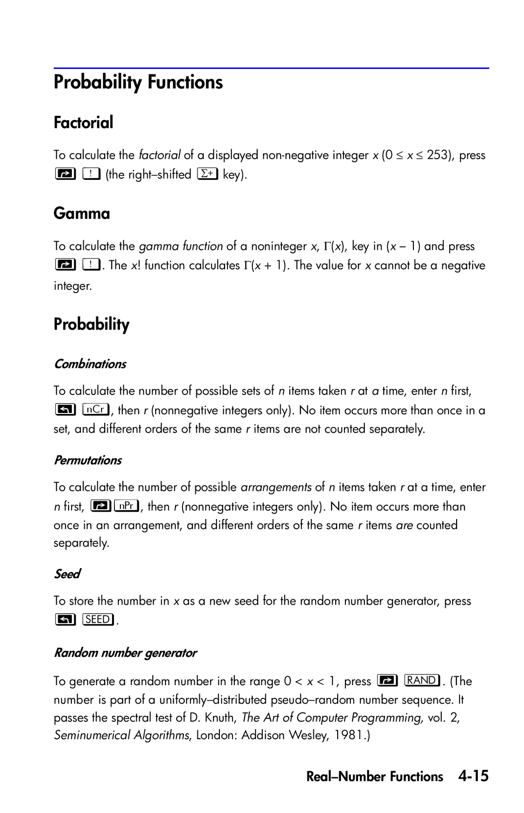 HP 35s Scientific manual Probability Functions, Factorial, Gamma 