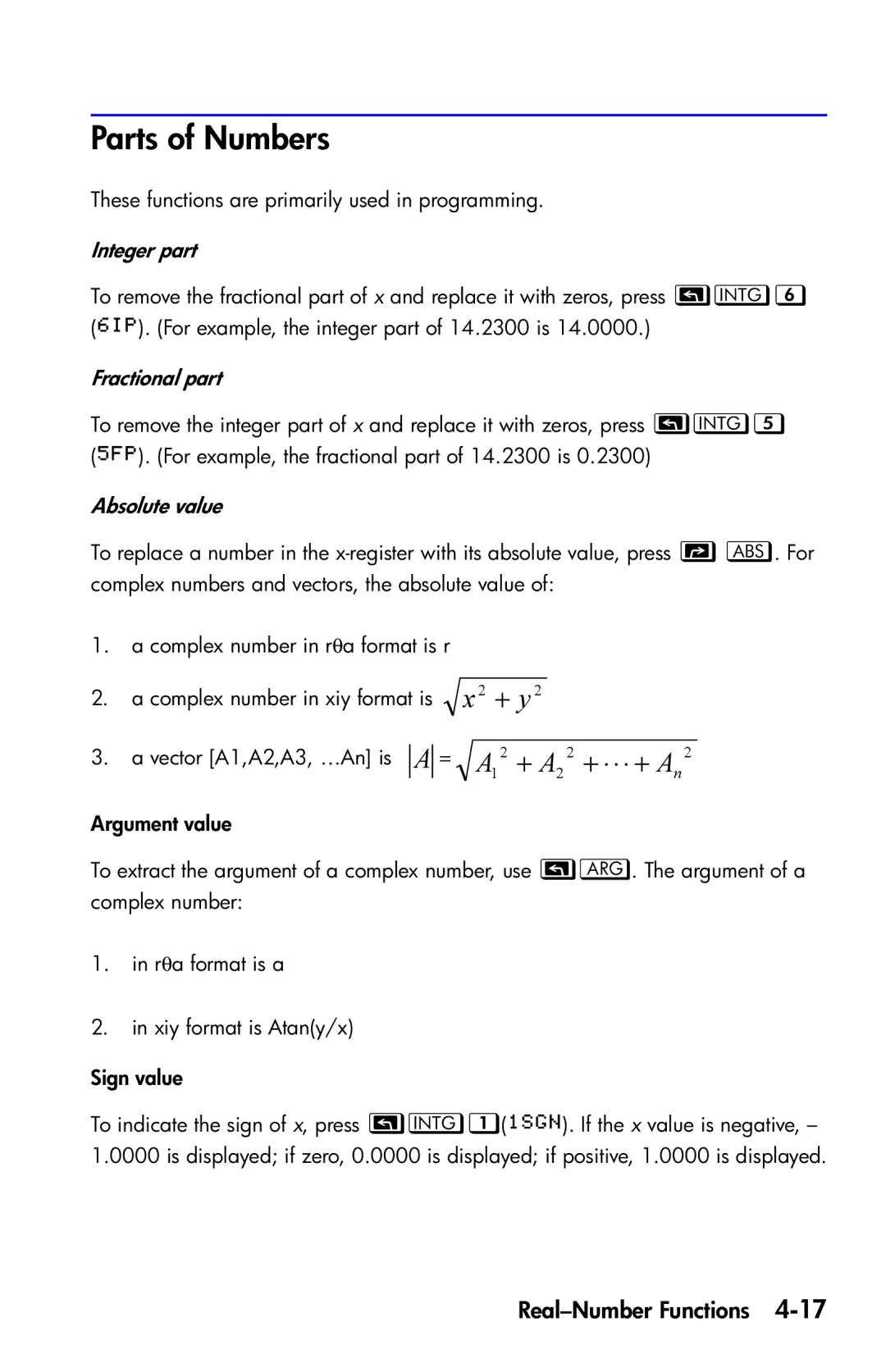 HP 35s Scientific manual Parts of Numbers, Integer part, Fractional part, Absolute value 