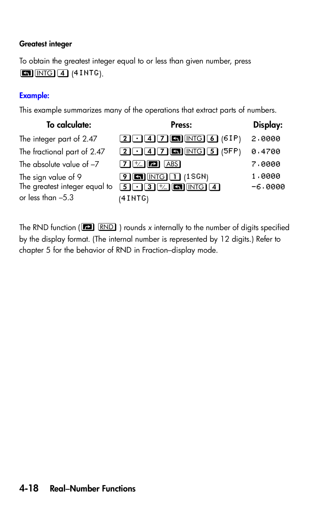 HP 35s Scientific manual To calculate, PressDisplay, 18Real-Number Functions 