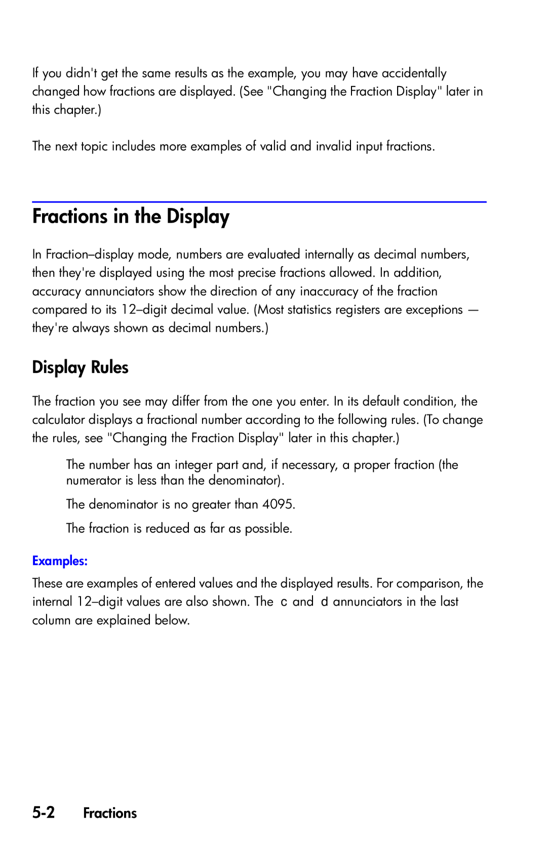 HP 35s Scientific manual Fractions in the Display, Display Rules, 2Fractions 